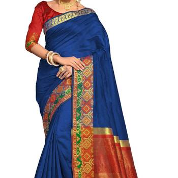 Blue woven banarasi cotton saree with blouse 3