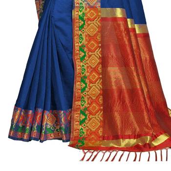 Blue woven banarasi cotton saree with blouse 4