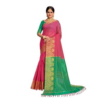 Pink woven banarasi cotton saree with blouse 1