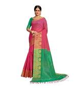 Pink woven banarasi cotton saree with blouse
