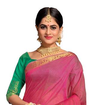 Pink woven banarasi cotton saree with blouse 2