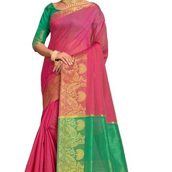 Pink woven banarasi cotton saree with blouse 3