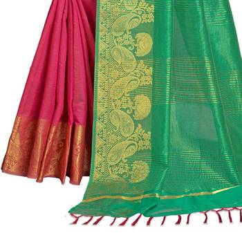 Pink woven banarasi cotton saree with blouse 4