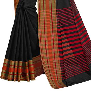 Black woven cotton saree with blouse 4