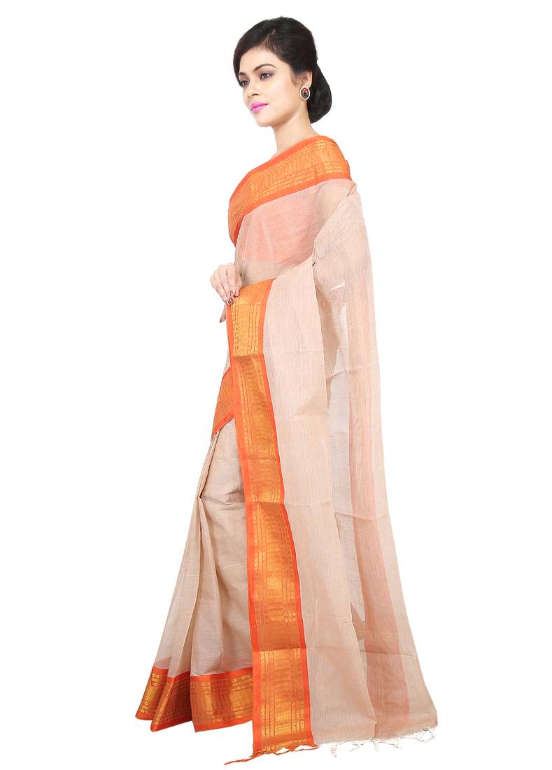 Beige Mul Cotton Ready To Wear/Easy Saree