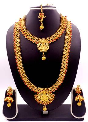 Copper Ruby Laxmi Short Long Combo Necklace Earring Jewelry Set 2