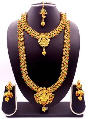 Copper Ruby Green Laxmi Short Long Combo Necklace Earring Jewelry Set 1