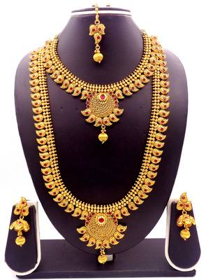 Copper Ruby Short Long Combo Necklace Earring Jewelry Set 1