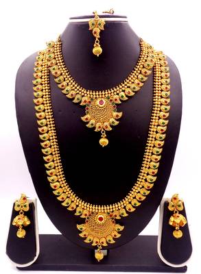 Copper Ruby Green  Short Long Combo Necklace Earring Jewelry Set 1