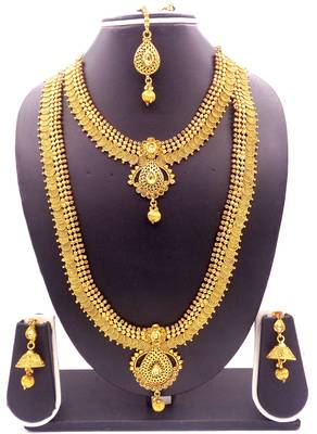 Copper Golden LCT Short Long Combo Necklace Earring Jewelry Set 2
