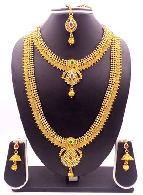Copper Ruby Green  Short Long Combo Necklace Earring Jewelry Set 1