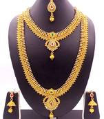 Copper Ruby Green  Short Long Combo Necklace Earring Jewelry Set