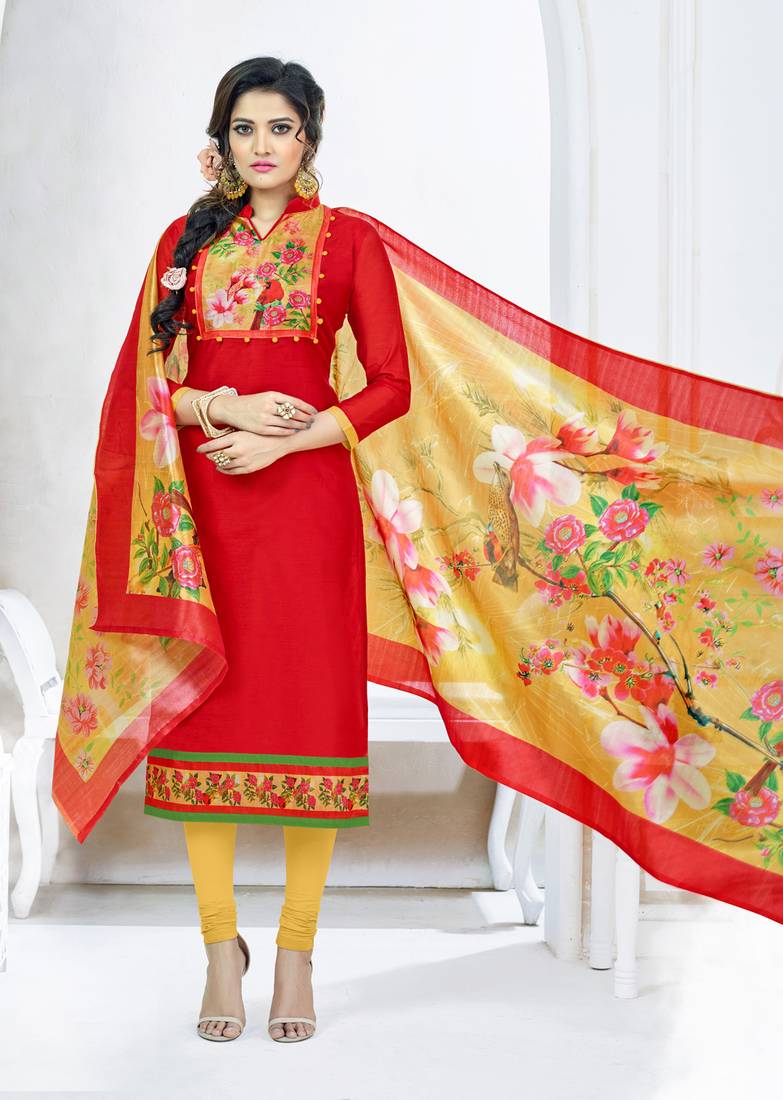 Red printed chanderi salwar with dupatta
