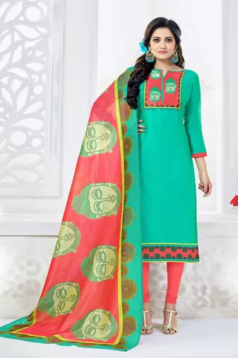 Turquoise Printed Chanderi Salwar With Dupatta