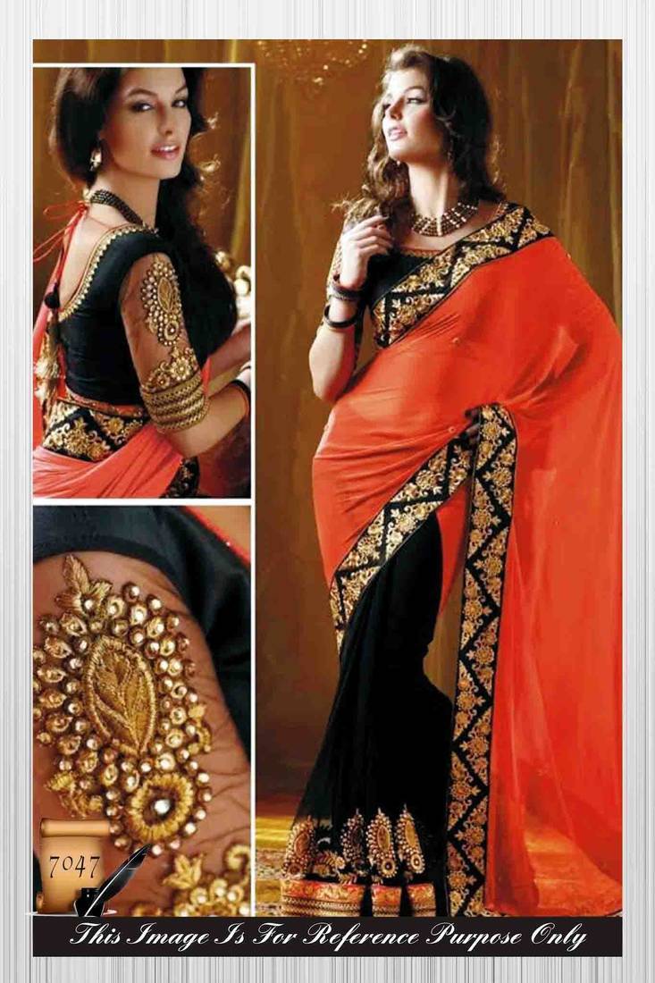 orange & black embroidered georgette saree with blouse