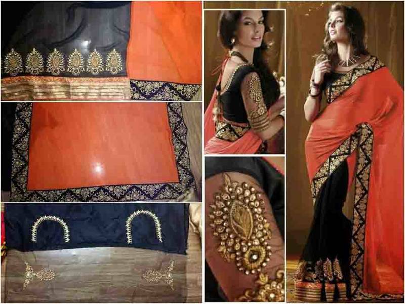 orange & black embroidered georgette saree with blouse