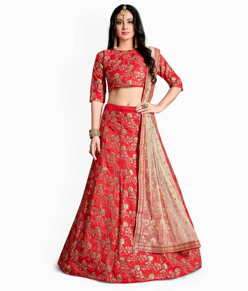 Red Embroidered Art Silk Semi Stitched Lehenga With Dupatta - Rozy ...