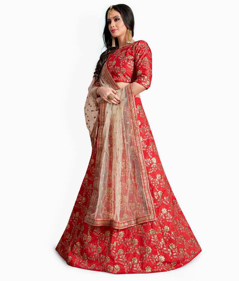 Red Embroidered Art Silk Semi Stitched Lehenga With Dupatta - Rozy ...