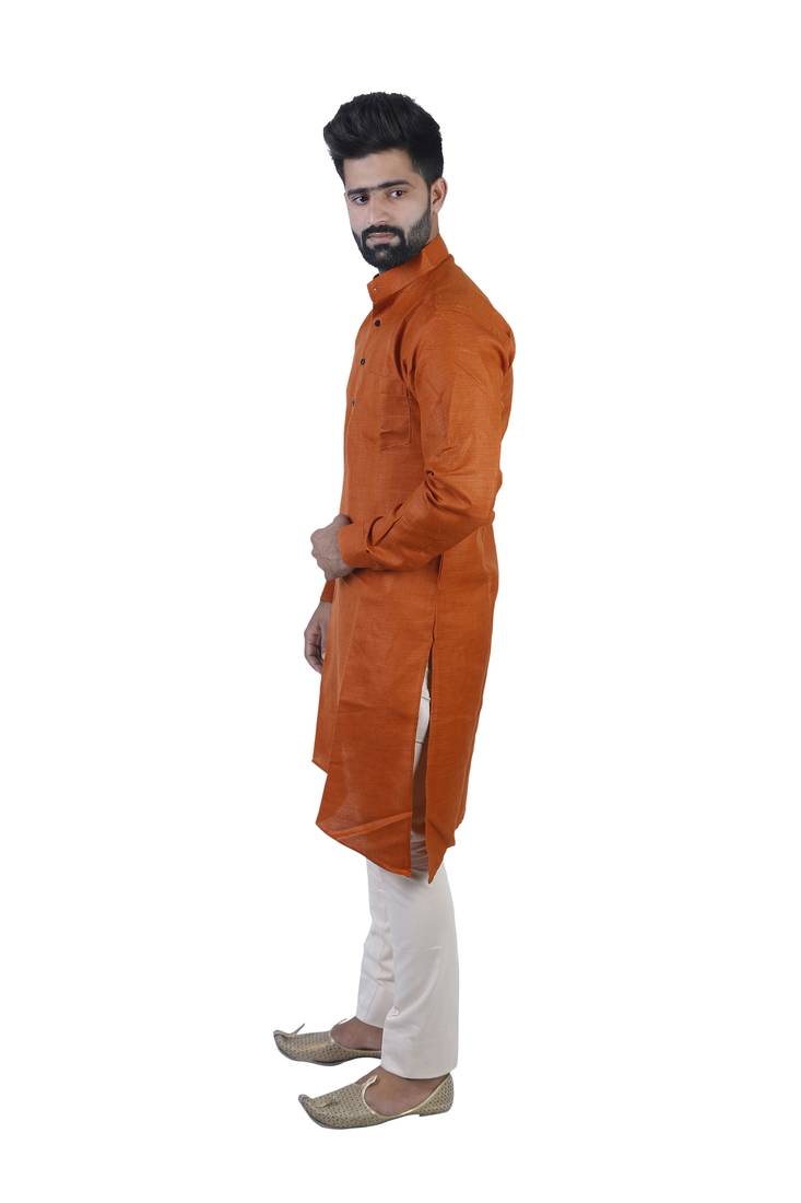 Orange Cotton Plain Men Kurta