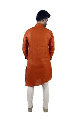 Orange Cotton Plain Men Kurta 3