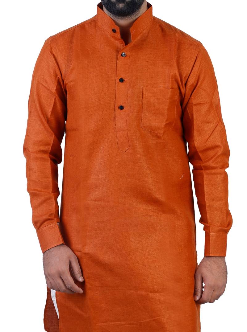 Orange Cotton Plain Men Kurta