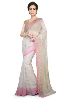 White Plain Cotton Silk Saree 1