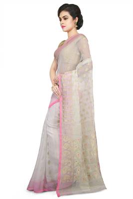 White Plain Cotton Silk Saree 2