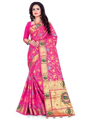 Pink embroidered banarasi saree with blouse 1