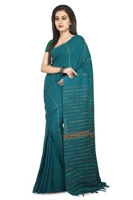 Green Hand Woven Cotton Saree With Blouse 1