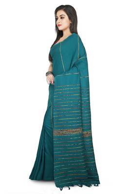 Green Hand Woven Cotton Saree With Blouse 2