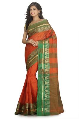 Orange Plain Cotton Saree 1