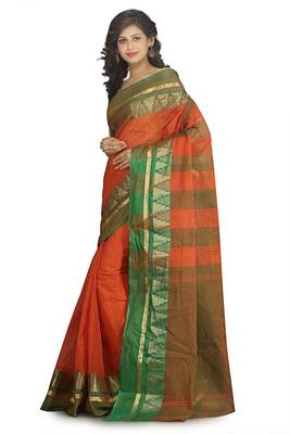Orange Plain Cotton Saree 2