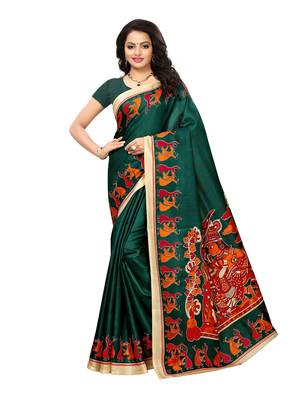 Green printed art silk saree with blouse 1