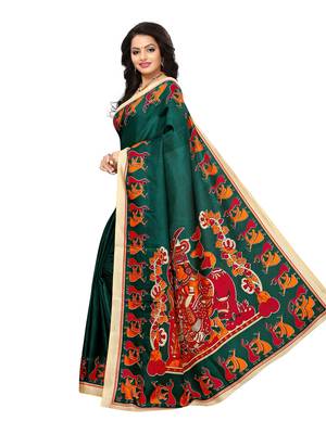 Green printed art silk saree with blouse 2