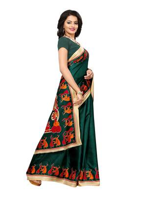 Green printed art silk saree with blouse 3