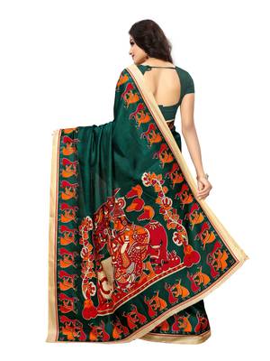 Green printed art silk saree with blouse 4