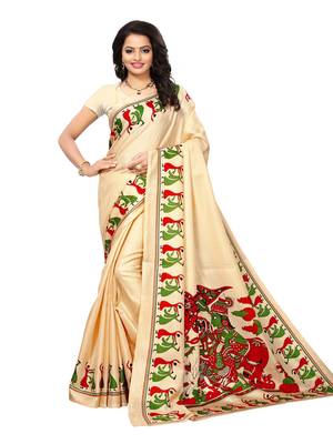 Beige Printed Art Silk Saree With Blouse 1