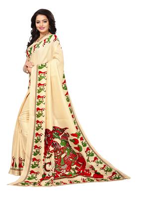 Beige Printed Art Silk Saree With Blouse 2