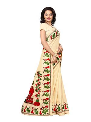 Beige Printed Art Silk Saree With Blouse 3