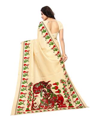Beige Printed Art Silk Saree With Blouse 4