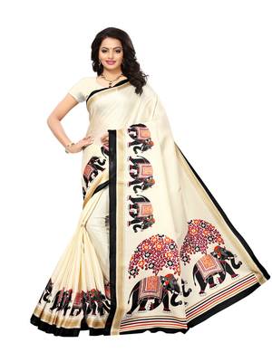 Beige Printed Art Silk Saree With Blouse 1