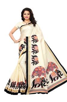 Beige Printed Art Silk Saree With Blouse