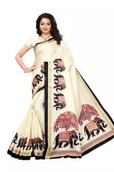 Beige Printed Art Silk Saree With Blouse