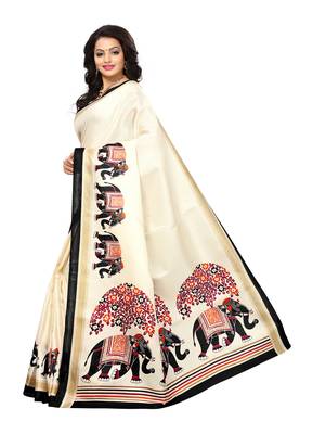 Beige Printed Art Silk Saree With Blouse 2
