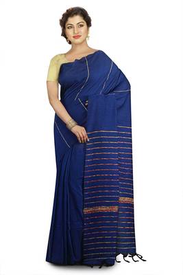 Blue Plain Cotton Saree With Blouse 1