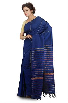 Blue Plain Cotton Saree With Blouse 2