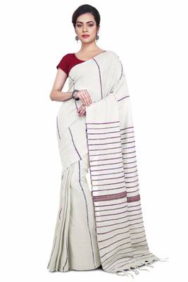 White Plain Cotton Saree With Blouse 1