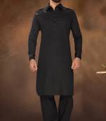 Black Leather Bi Cotton Polly And Leather Shoulder Pathani Suit 