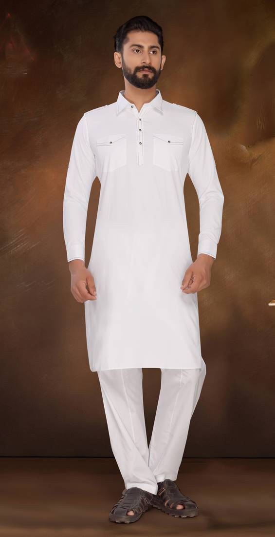 White Plain Bi Cotton Polly Pathani Suit