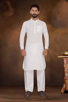 White Embroidered Cotton Poly Pathani Suit